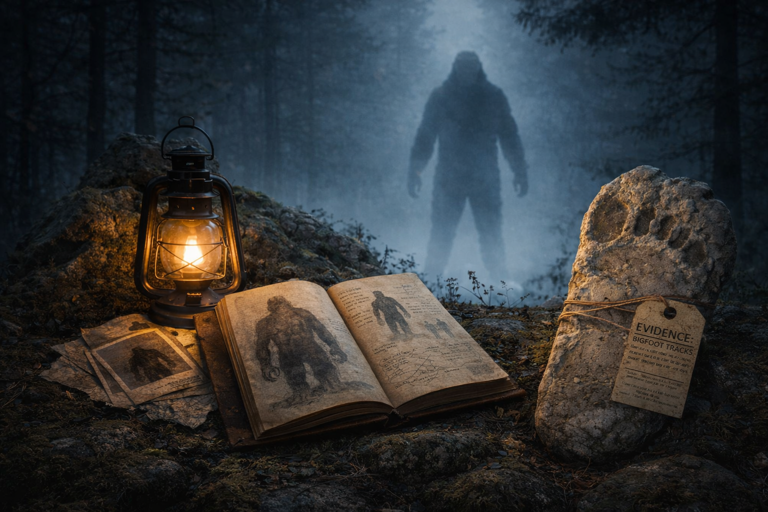 Archival-style scene showing a Bigfoot silhouette in a foggy forest behind a lantern-lit journal and a cast footprint labeled as evidence