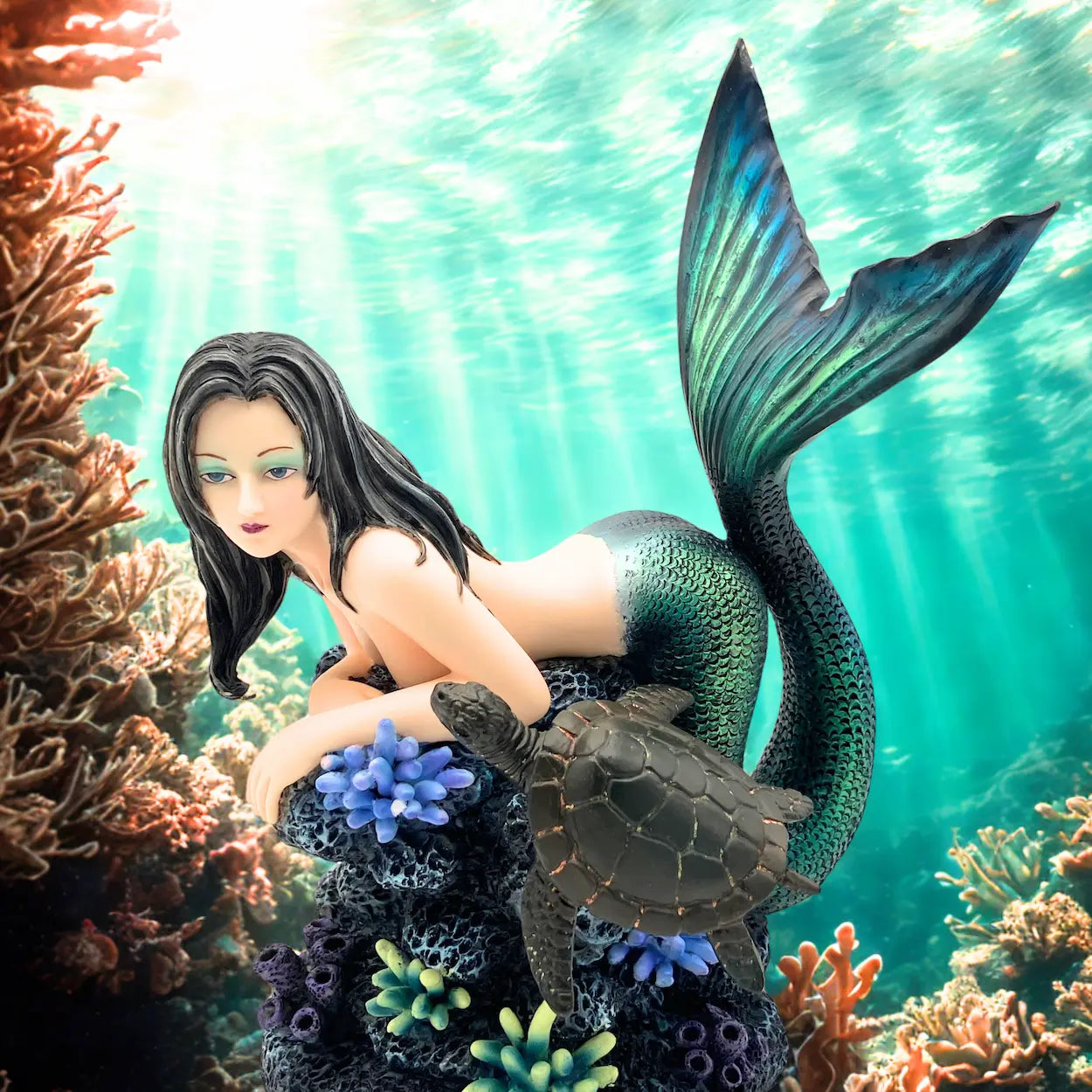 Mermaid and sea turtle statue resting on coral reef – 9 inch fantasy decor