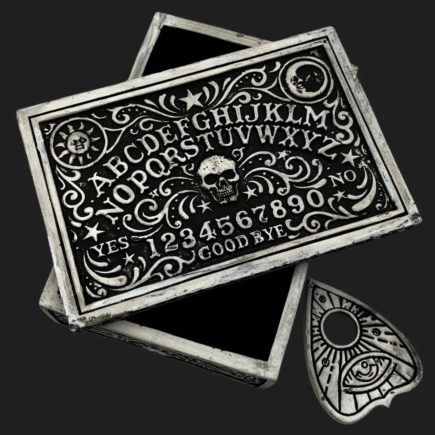 Decorative Ouija spirit box and planchette set, 6 x 4 x 2 inches
