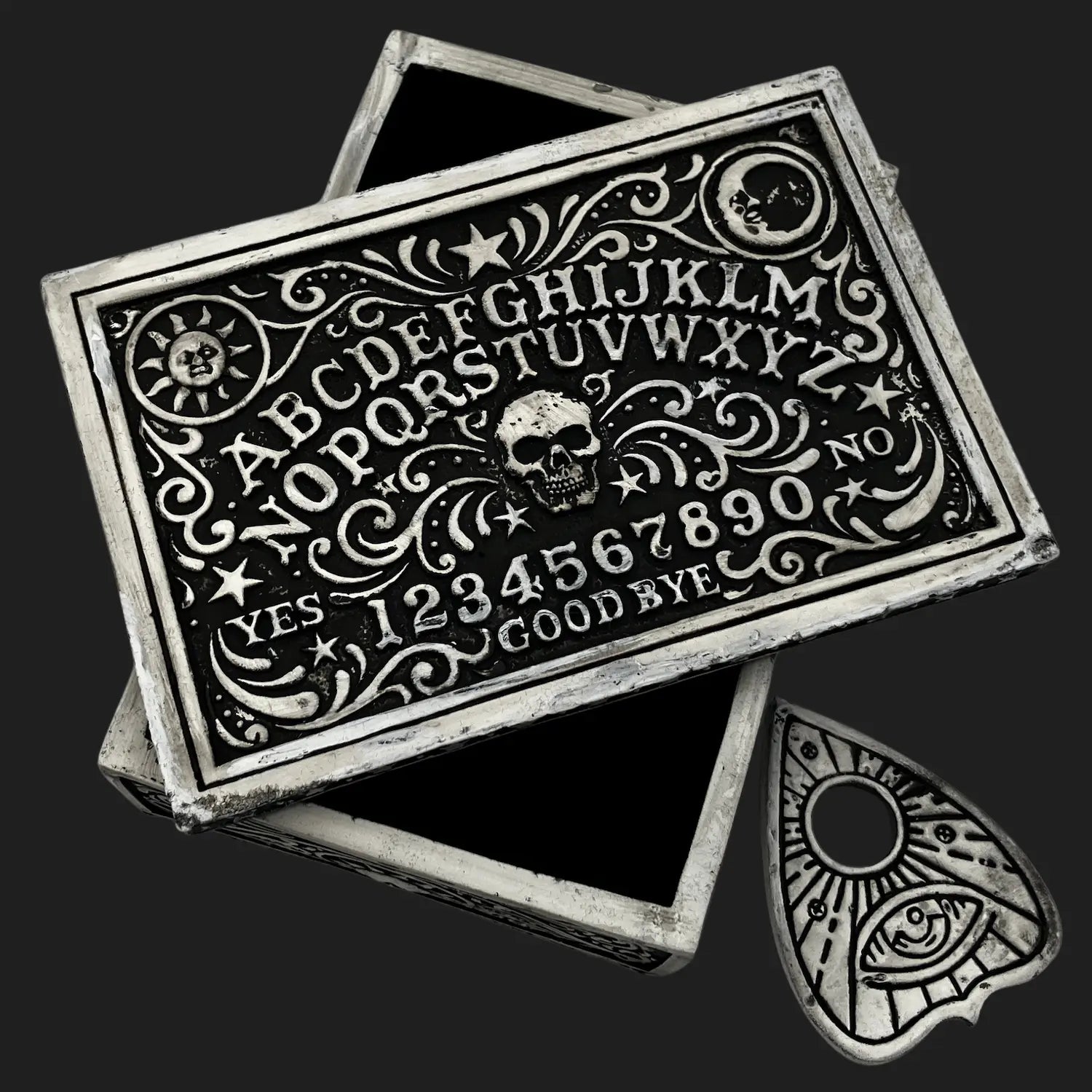 Decorative Ouija spirit box and planchette set, 6 x 4 x 2 inches