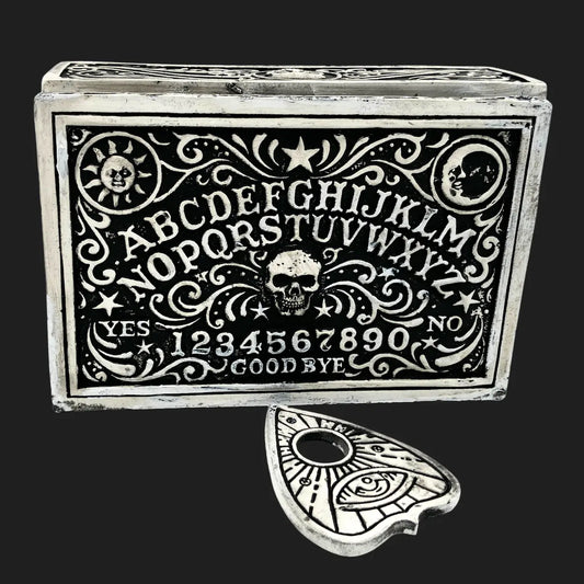 Ouija board spirit box with matching planchette, gothic silver and black design