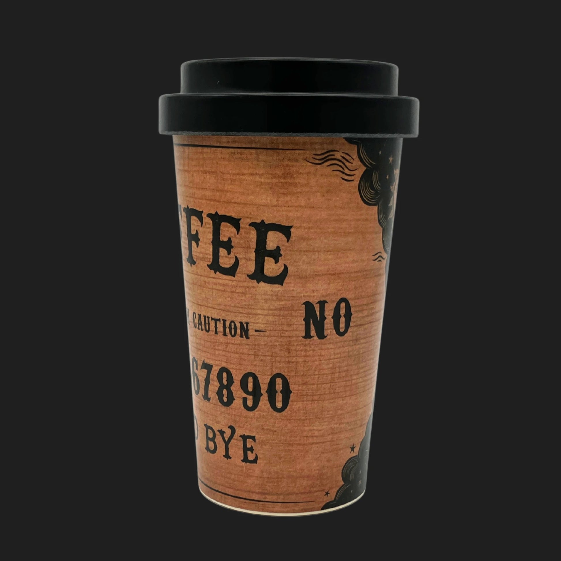 Ouija coffee travel mug showing full GOODBYE lettering with black lid, reusable gothic style