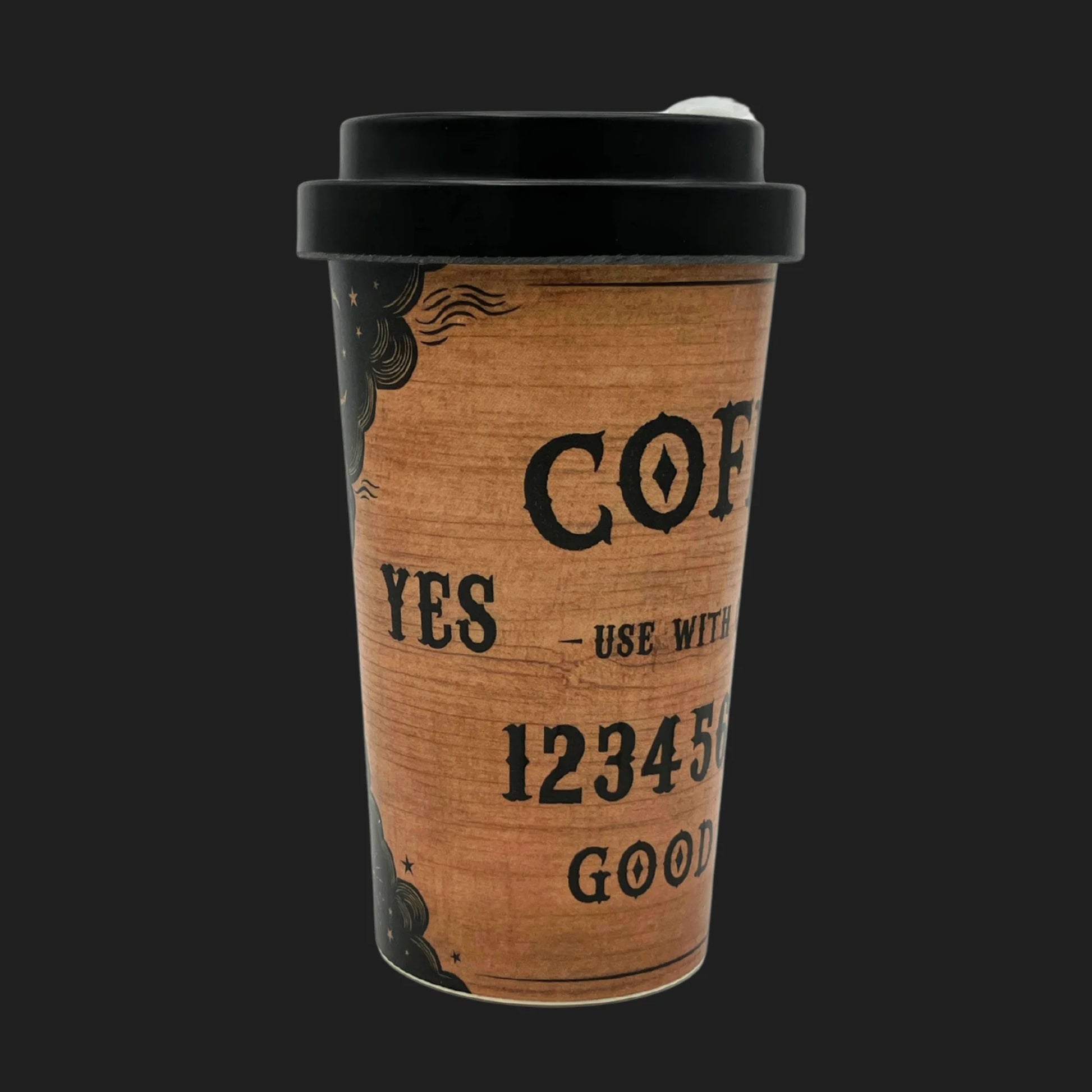 Side view of Ouija board inspired coffee mug with black lid and number sequence design