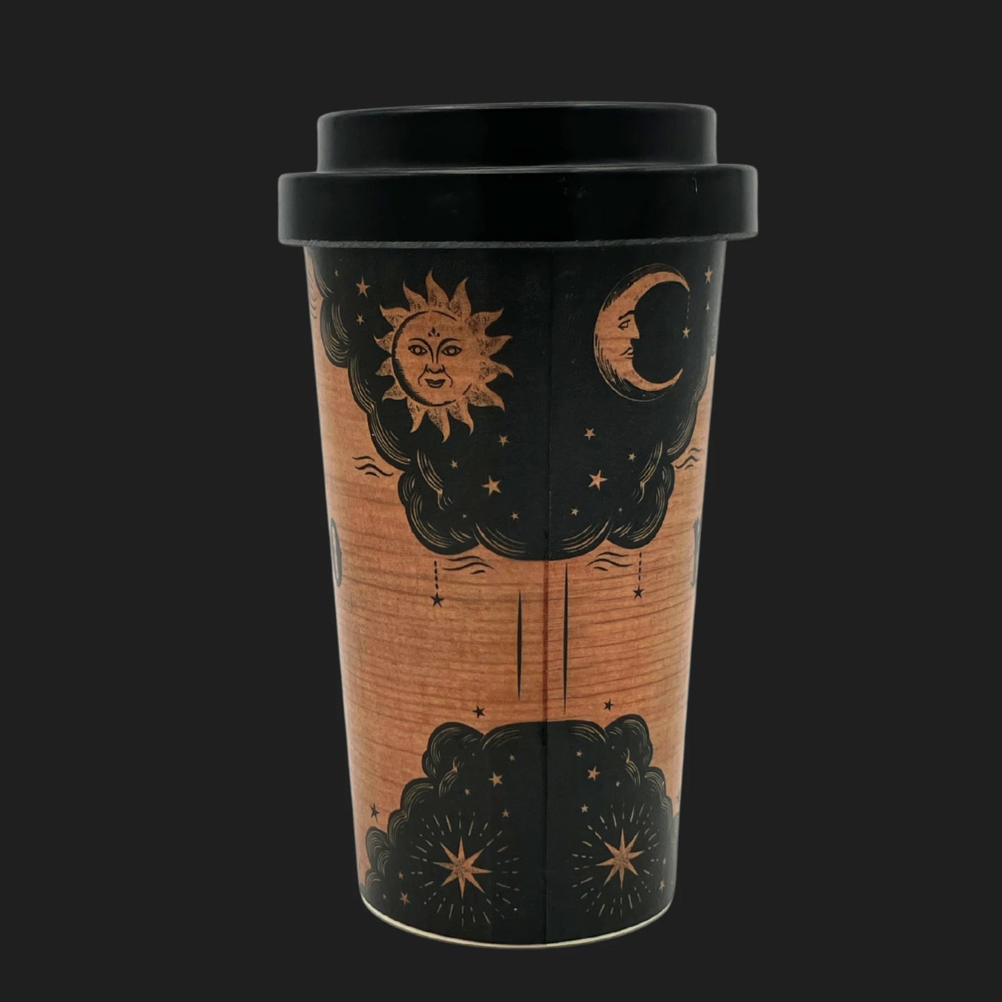 Reusable coffee mug with Ouija board theme featuring celestial sun and moon artwork