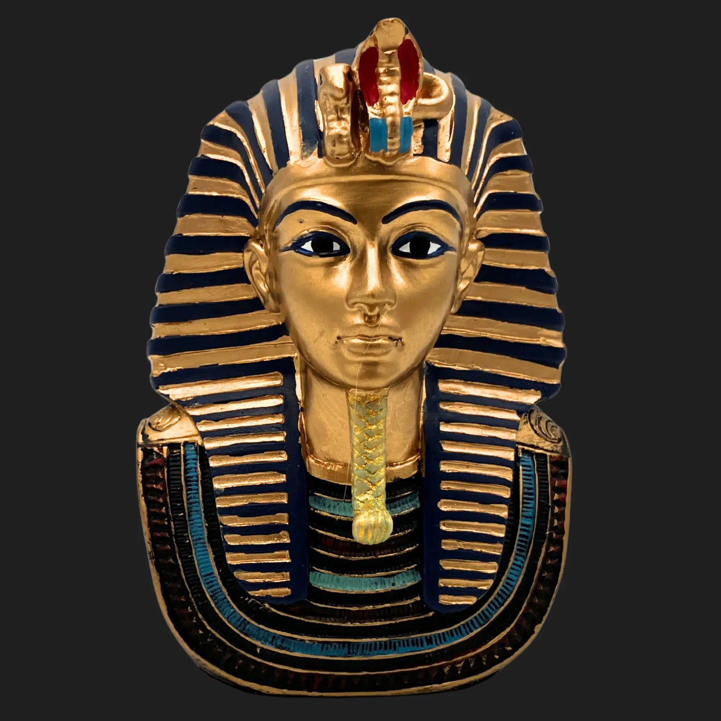 Front view of Pharaoh Tutankhamun bust replica in gold and blue with nemes headdress and cobra ornament