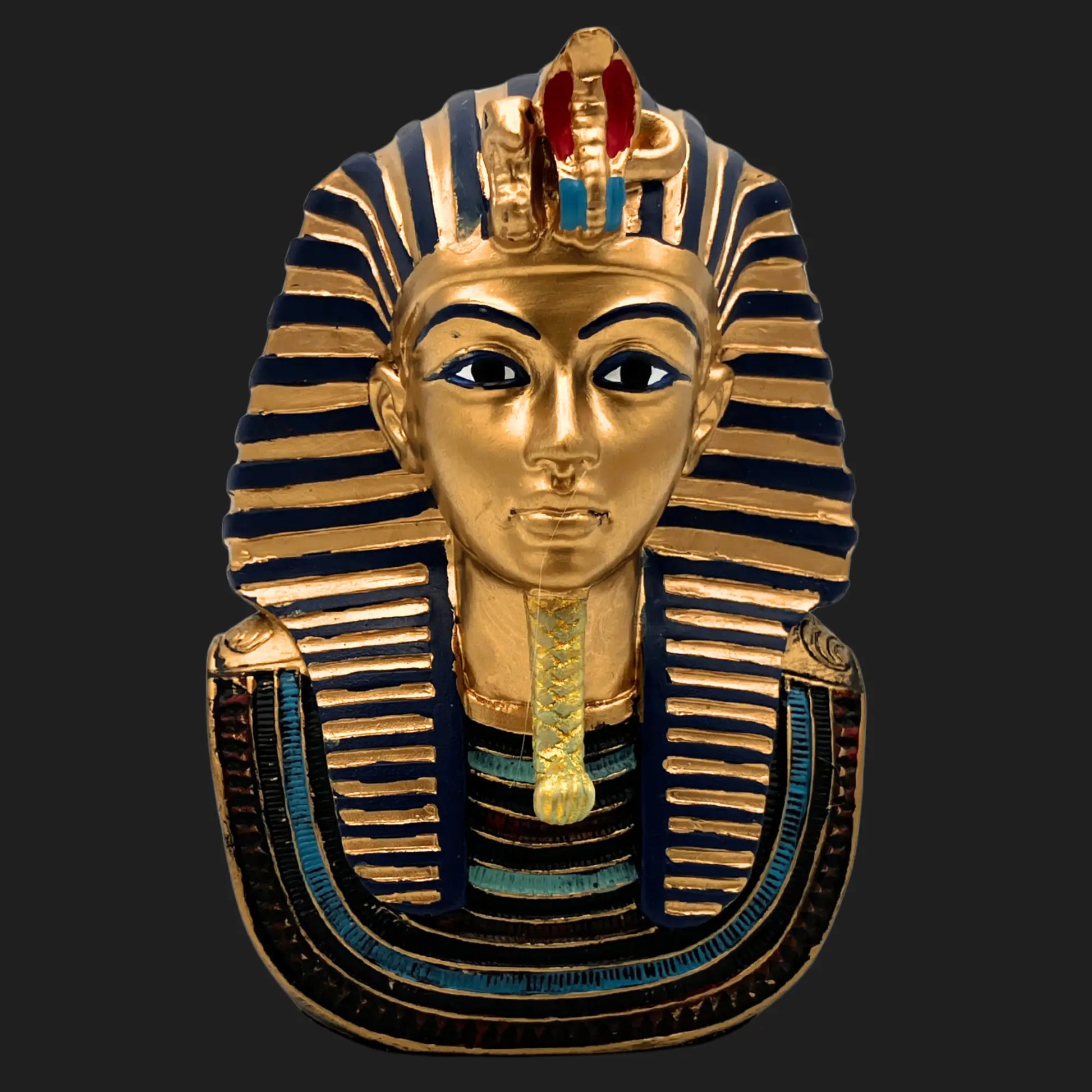 Front view of Pharaoh Tutankhamun bust replica in gold and blue with nemes headdress and cobra ornament