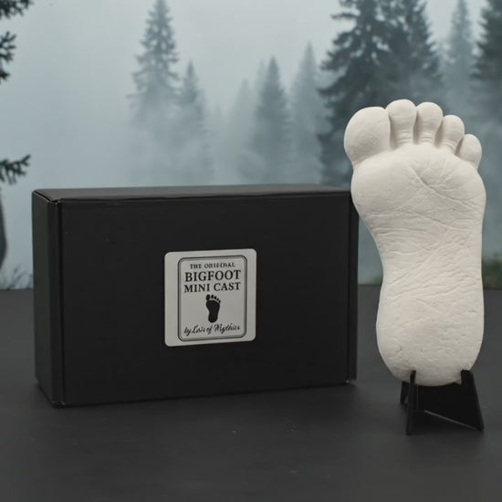 Bigfoot footprint mini cast displayed with its presentation box as a shadowy Sasquatch figure moves through a misty forest background.