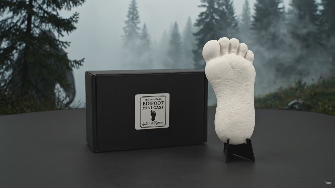 Bigfoot footprint mini cast displayed with its presentation box as a shadowy Sasquatch figure moves through a misty forest background.