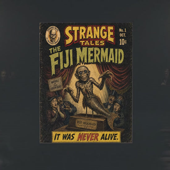 Animated Fiji Mermaid horror comic cover with subtle atmospheric motion and vintage supernatural styling.