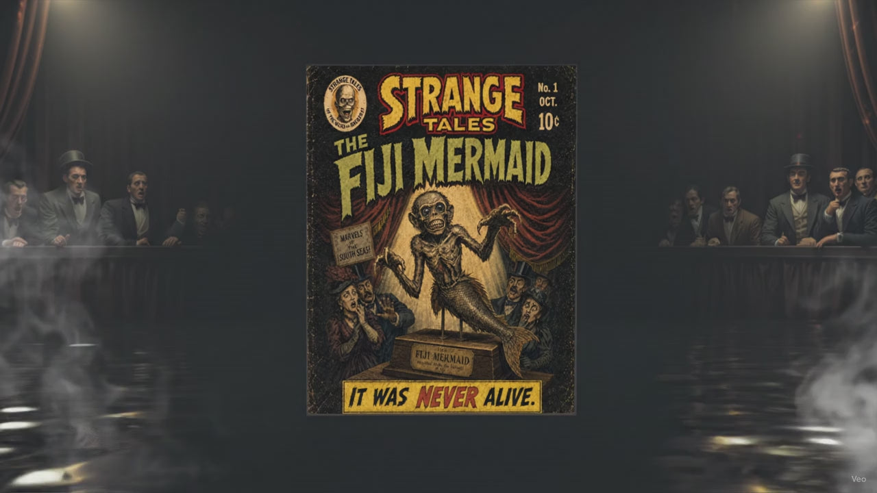 Animated Fiji Mermaid horror comic cover with subtle atmospheric motion and vintage supernatural styling.