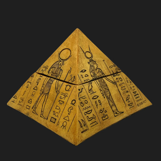 Egyptian pyramid trinket box closed with hieroglyphs of gods Ra and Hathor