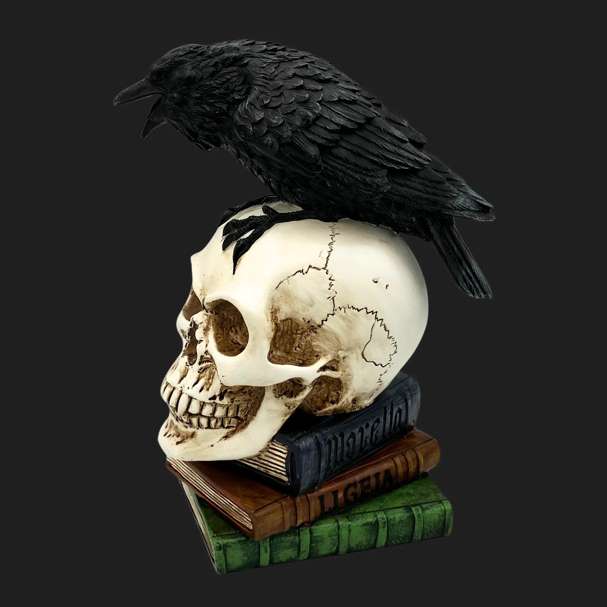 Raven on skull with stacked books – spooky Poe inspired figurine