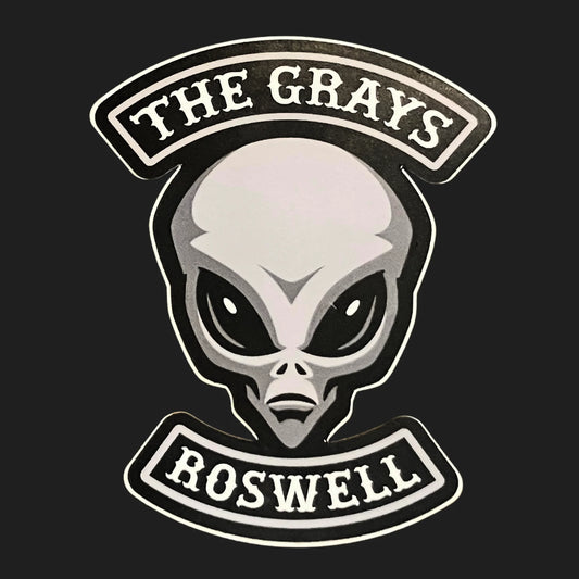Roswell alien Grays sticker with large-eyed extraterrestrial head, honoring 1947 UFO crash legend