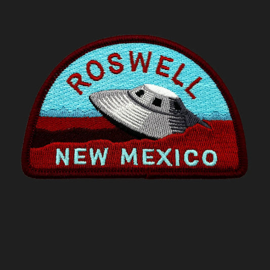 Roswell UFO crash patch embroidered with silver saucer in desert, New Mexico alien lore design