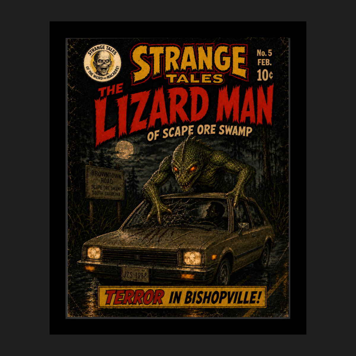Lizardman of Scape Ore Swamp Strange Tales framed wall art print featuring the lizardman attacking a vehicle in a vintage paranormal horror comic style.