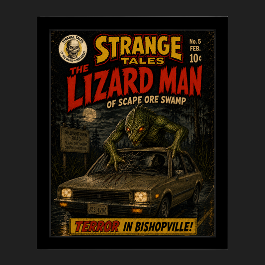Lizardman of Scape Ore Swamp Strange Tales framed wall art print featuring the lizardman attacking a vehicle in a vintage paranormal horror comic style.