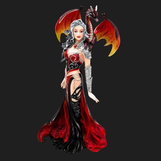 Side view of Severeille witch statue, flowing crimson dress with dragon companion and silver hair