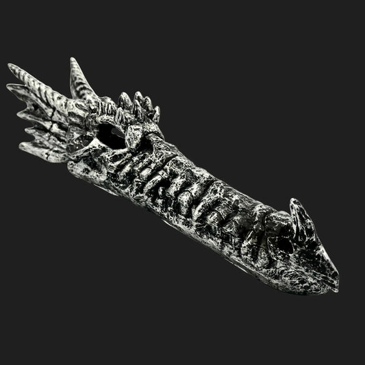Silver dragon skull incense burner with skeletal design closed