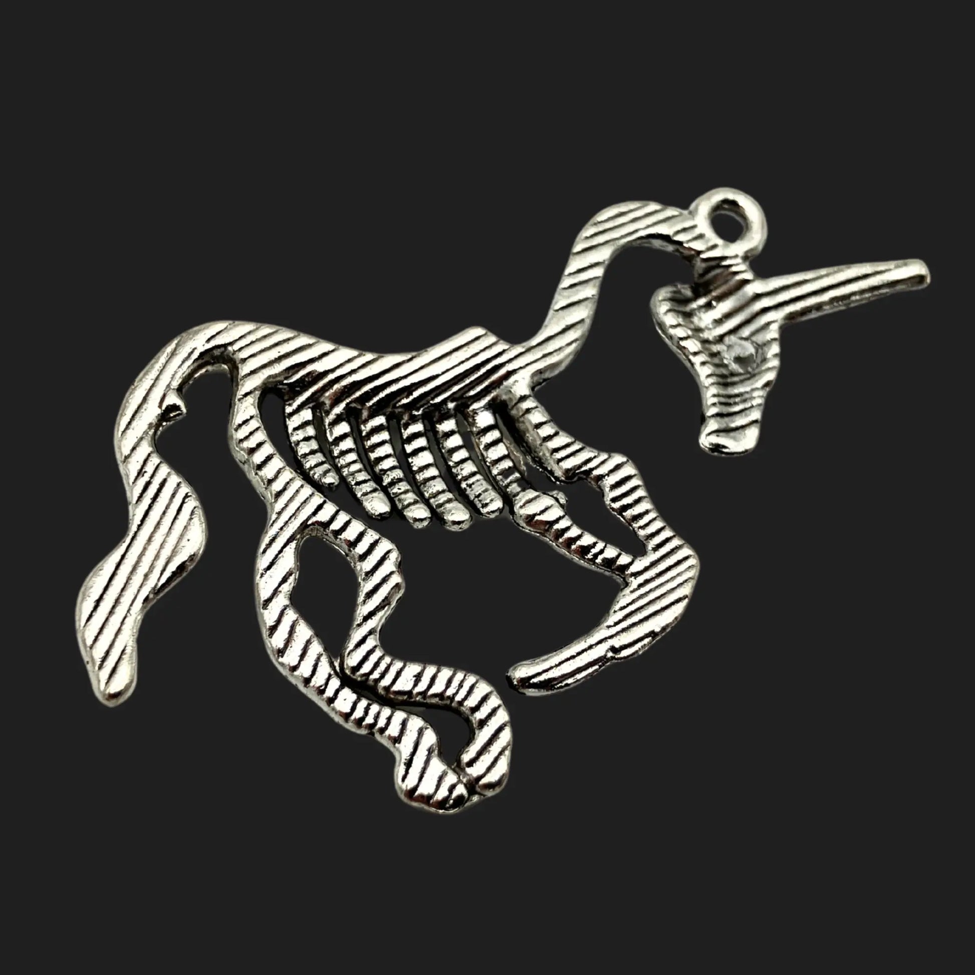 Silver-tone skeletal unicorn pendant  – mythic relic jewelry