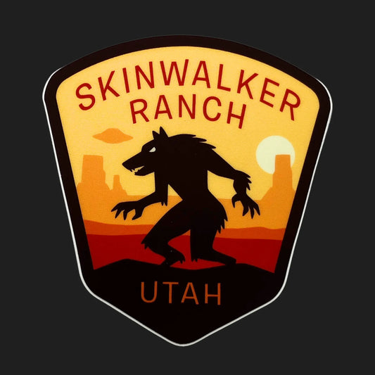 Skinwalker Ranch sticker with werewolf-like figure and UFO over Utah desert sunset