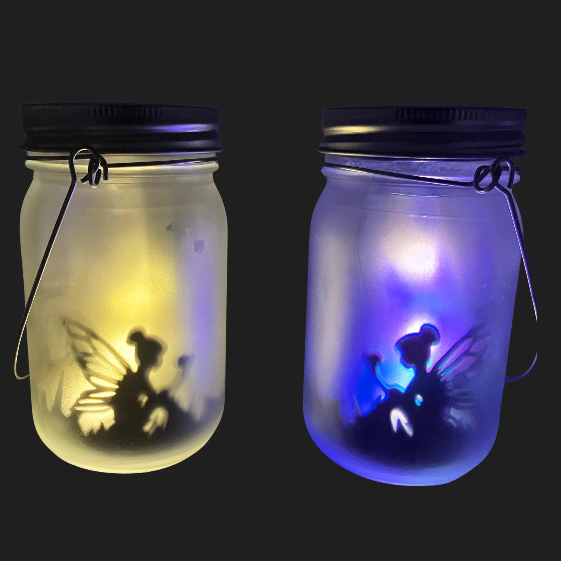 Enchanted solar fairy jars glowing in the dark with mystical fairy silhouettes