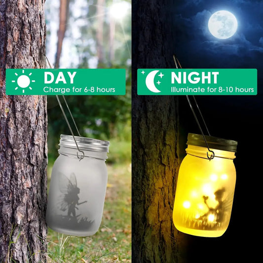 Side-by-side image of fairy solar lantern charging in daylight and glowing at night with warm yellow light