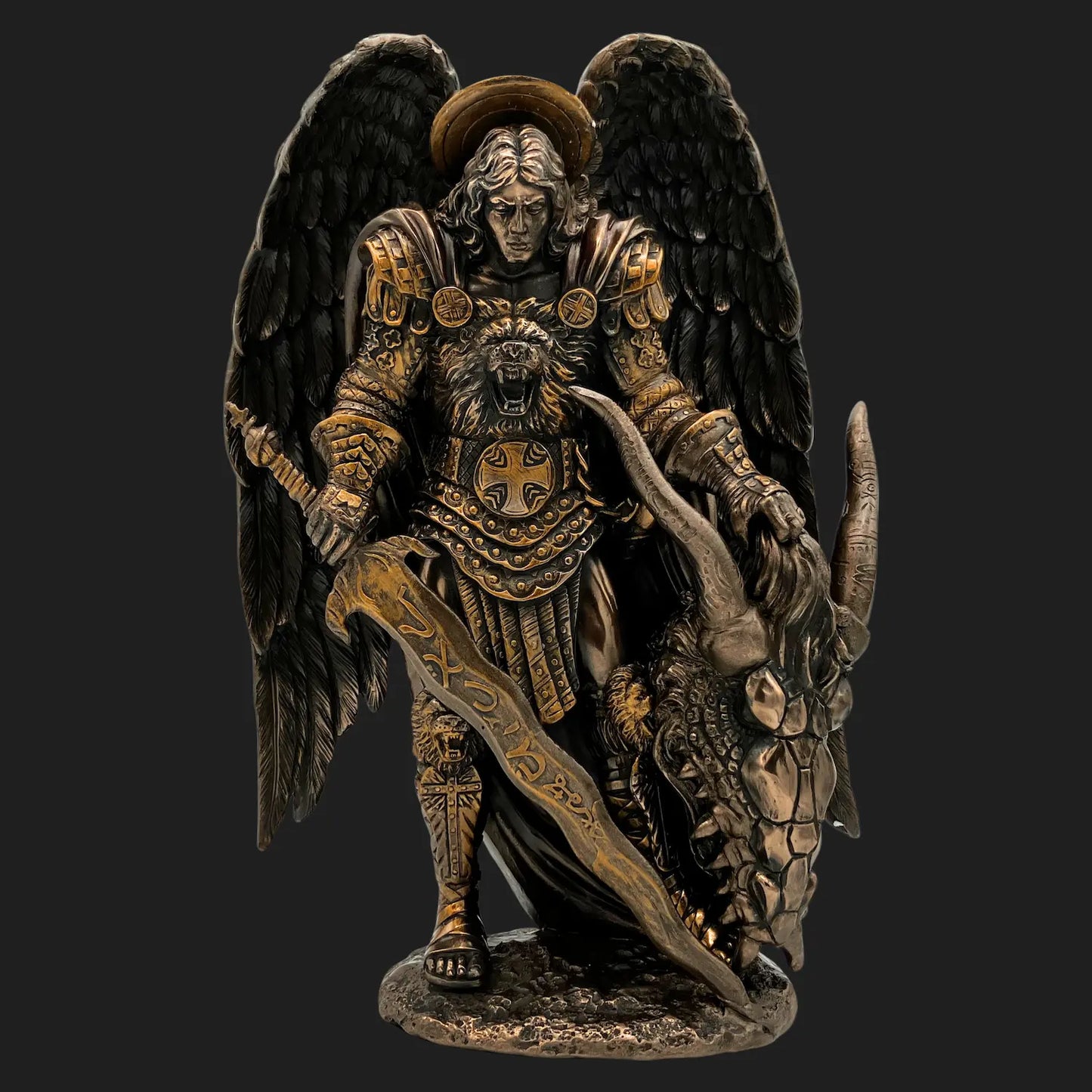 St. Michael Archangel statue defeating the Devil, bronze resin finish, 10.5 inches tall