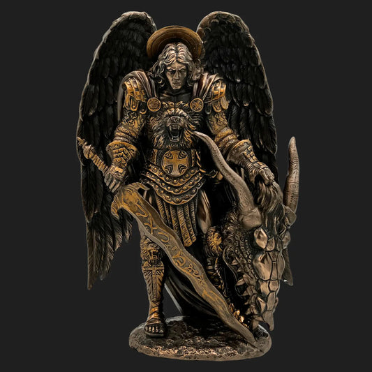 St. Michael Archangel statue defeating the Devil, bronze resin finish, 10.5 inches tall