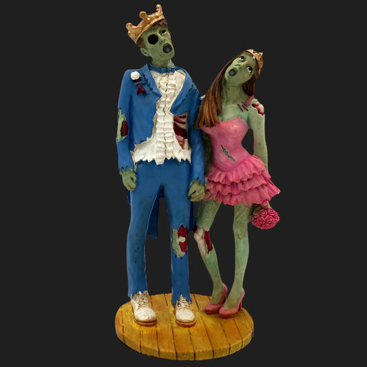 Front angle of zombie prom couple statue, horror collectible décor