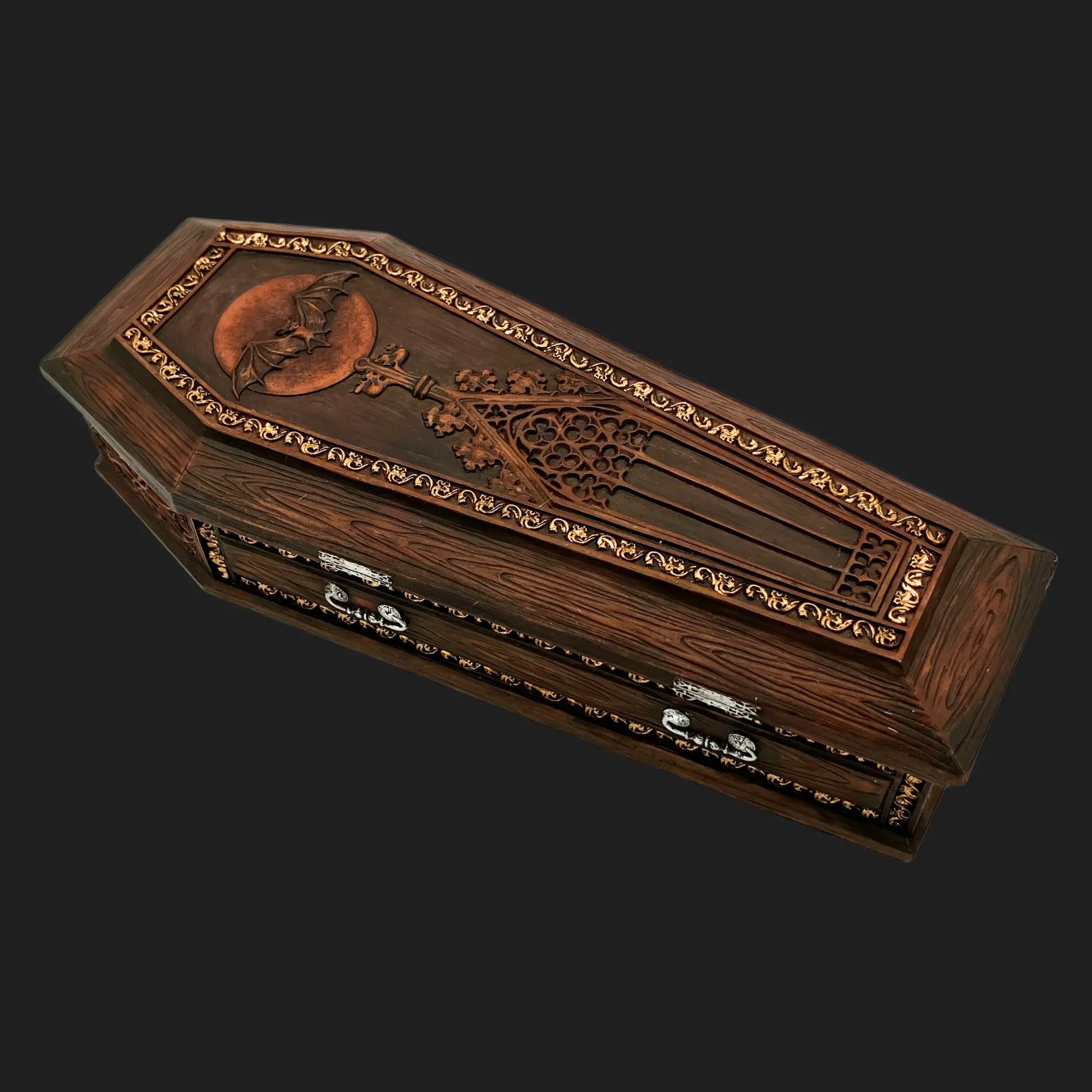 Gothic vampire coffin figurine with detailed carved wooden case and bat design
