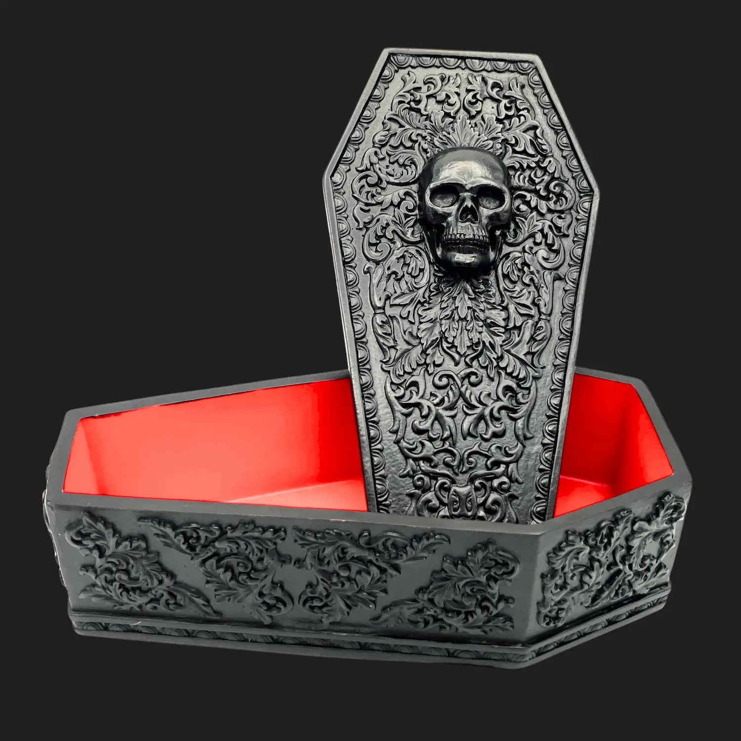 Vampire coffin skull box with ornate carvings and red interior – 9 inch, 3 lb gothic trinket storage
