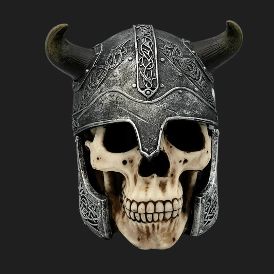 Front view Viking skull with horned helmet and detailed Norse engravings