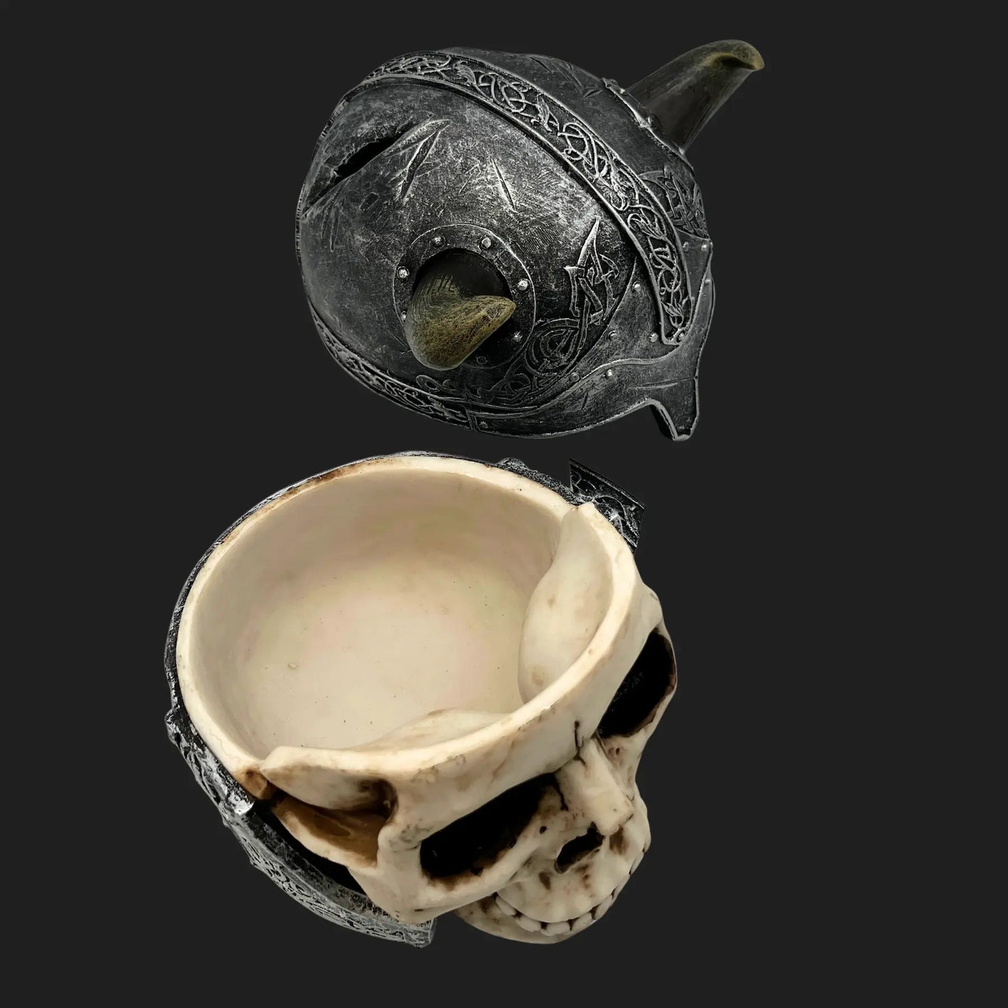 Viking skull helmet container with removable lid open, resin design