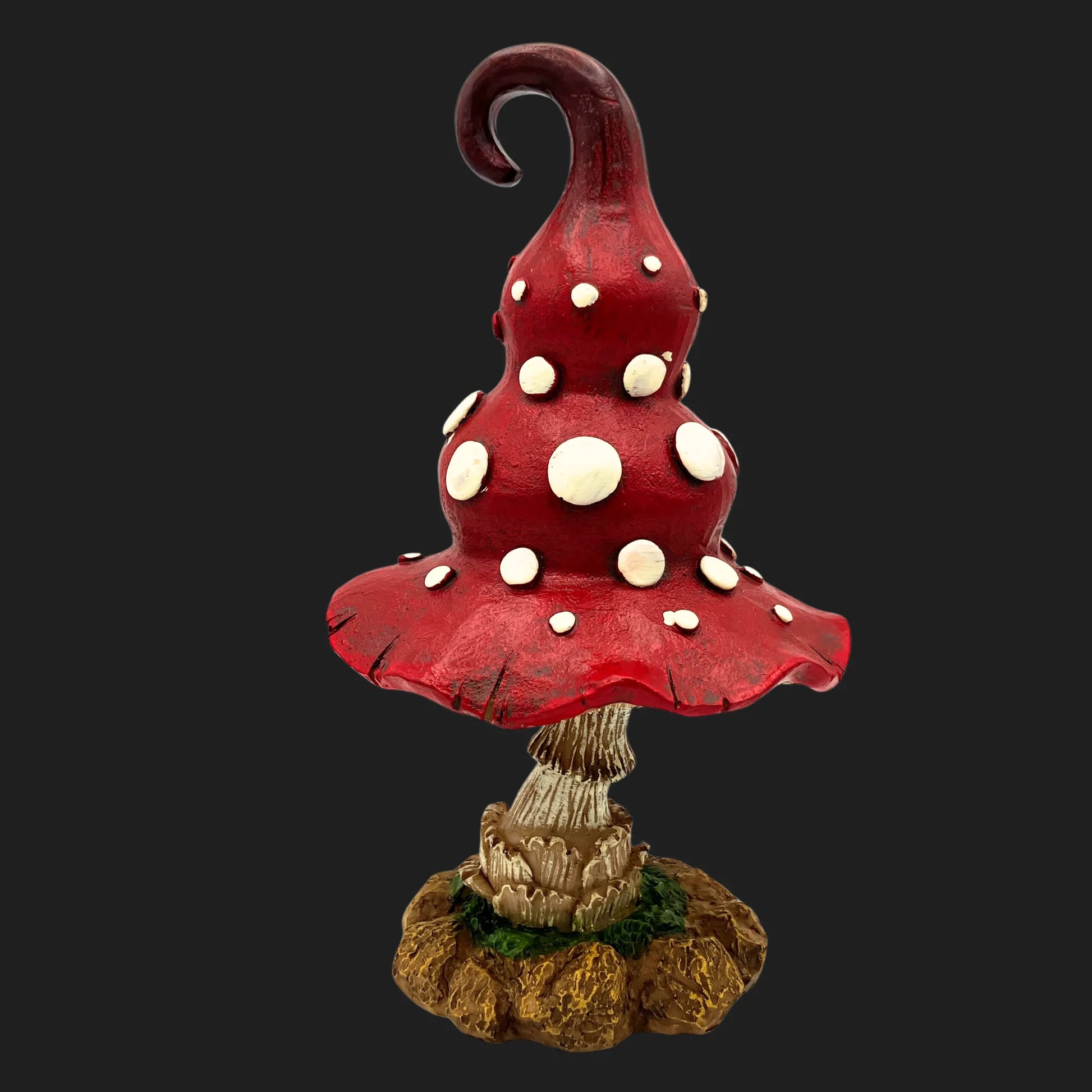 Enchanted toadstool figurine on rocky forest base for fairy garden décor