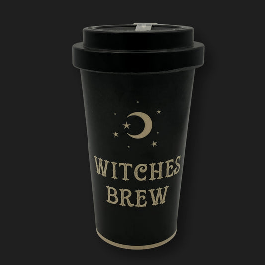 Black bamboo travel mug with crescent moon, stars, and the words Witches Brew on the front