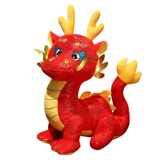 Bright red zodiac dragon plush toy with golden horns, smiling face, and festive Chinese New Year design