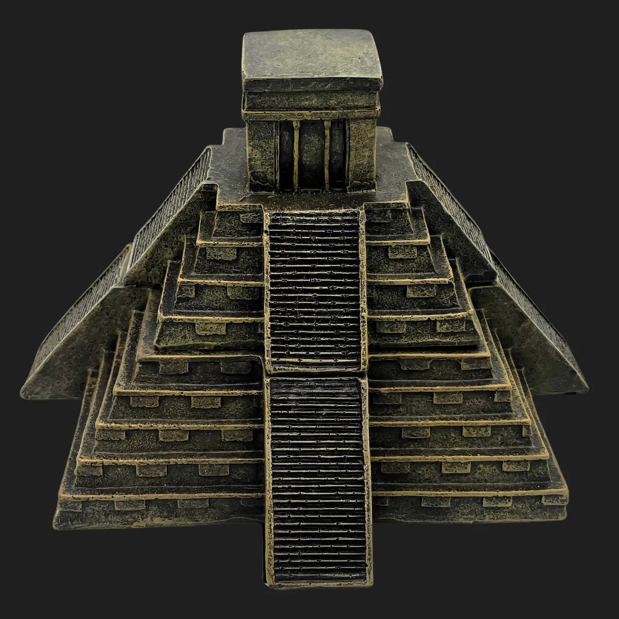 Front view of Aztec pyramid trinket box designed like a Mesoamerican temple